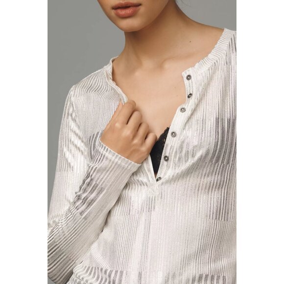 Anthropologie Pilcro The Andie Ribbed Henley Top Shimmer Edition L - Picture 3 of 10